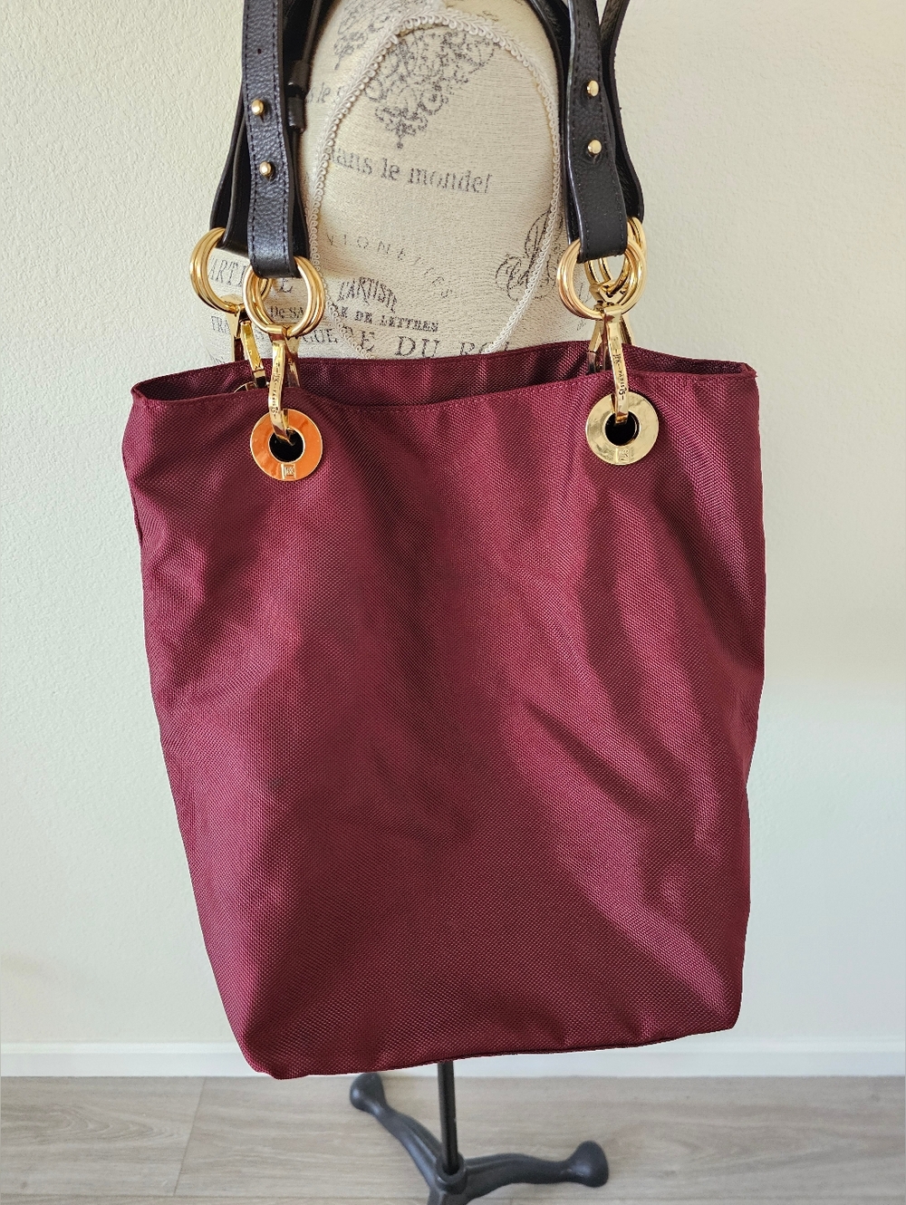 JPK Paris 75 Burgundy Ballistic Nylon Tote Bag - Floral Lining & Gold Hardware